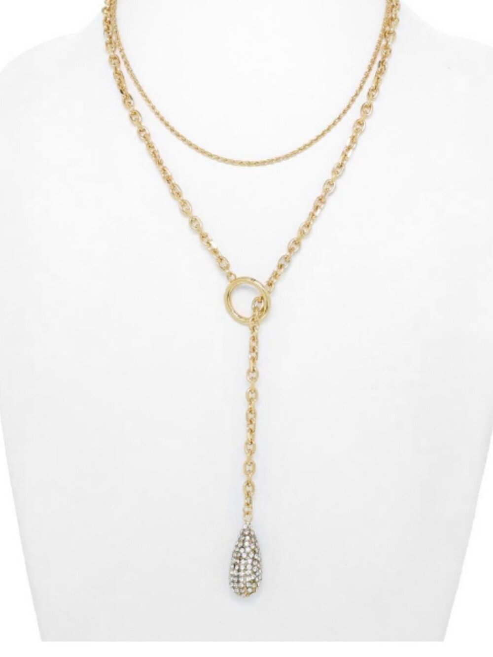 Vera Double Layered Silver or Gold Lariat Rhinestone Teardrop Charm Necklace